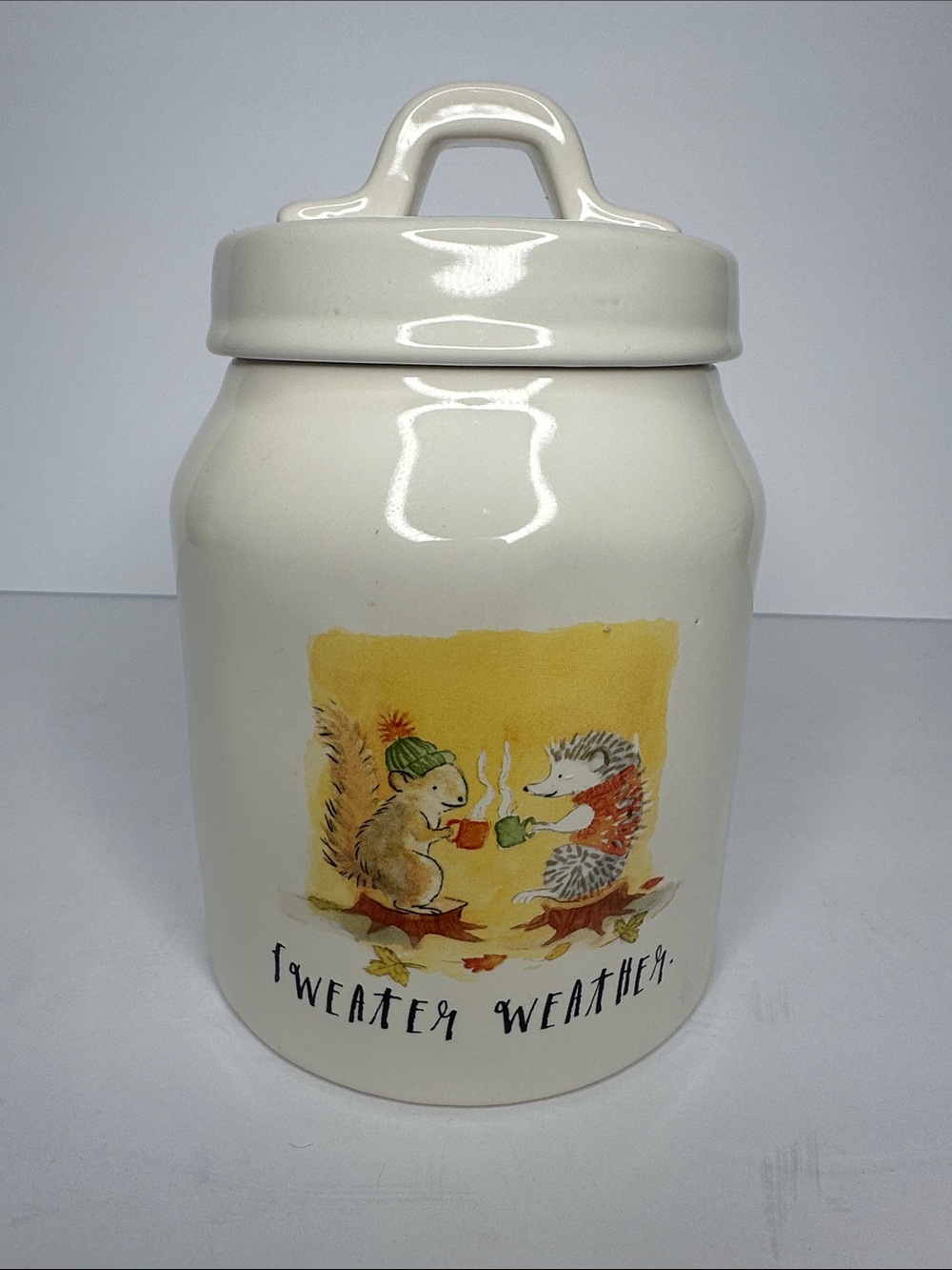 Rae Dunn Cream 'Sweater Weather' Ceramic Canister with Autumn Illustration